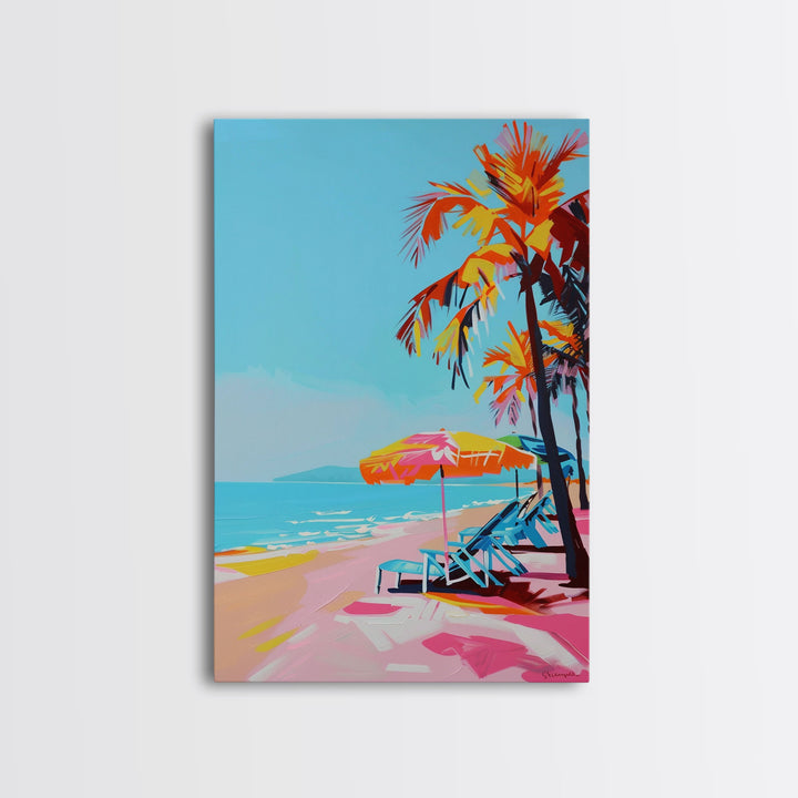 Palm Trees and Sun Loungers on Tropical Beach - Framed Canvas Print, Vacation Paradise Art, Beach Decor for Living Room