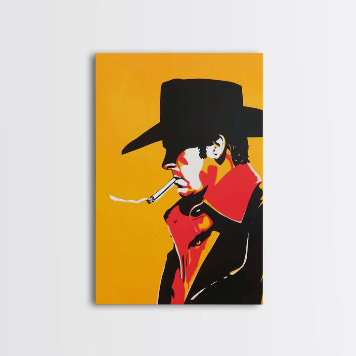 Mysterious Cowboy Smoking Cigarette - Framed Canvas Print, Western Pop Art, Bold Wall Art for Living Room or Bar