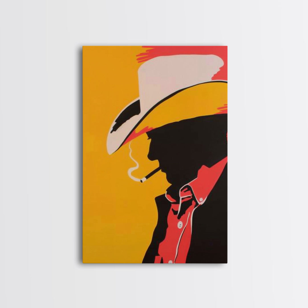 Cowboy Silhouette with Hat and Cigarette - Framed Canvas Print, Western Pop Art, Rustic Decor for Living Room or Office