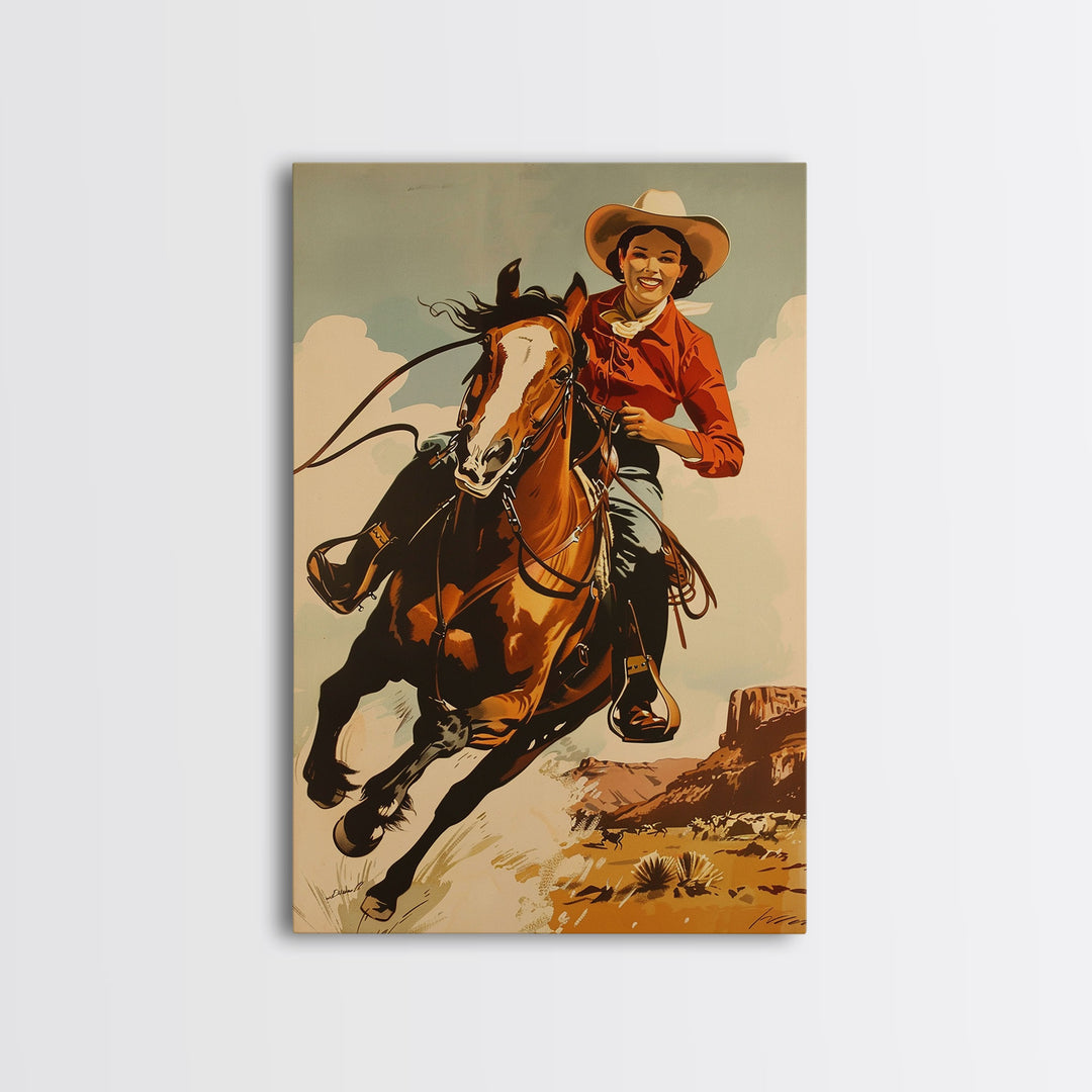 Vibrant Cowgirl Riding a Horse in Western Landscape | Framed Canvas Print | Western Wall Art | Living Room Decor | Rustic Home Decor