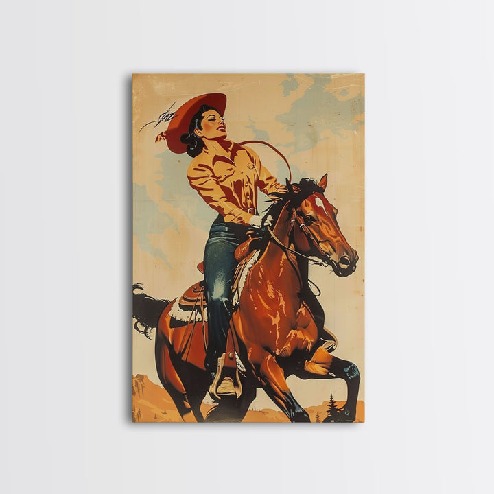 Dynamic Cowgirl on Horseback in Action | Framed Canvas Print | Western Wall Art | Living Room Decor | Rustic Home Decor