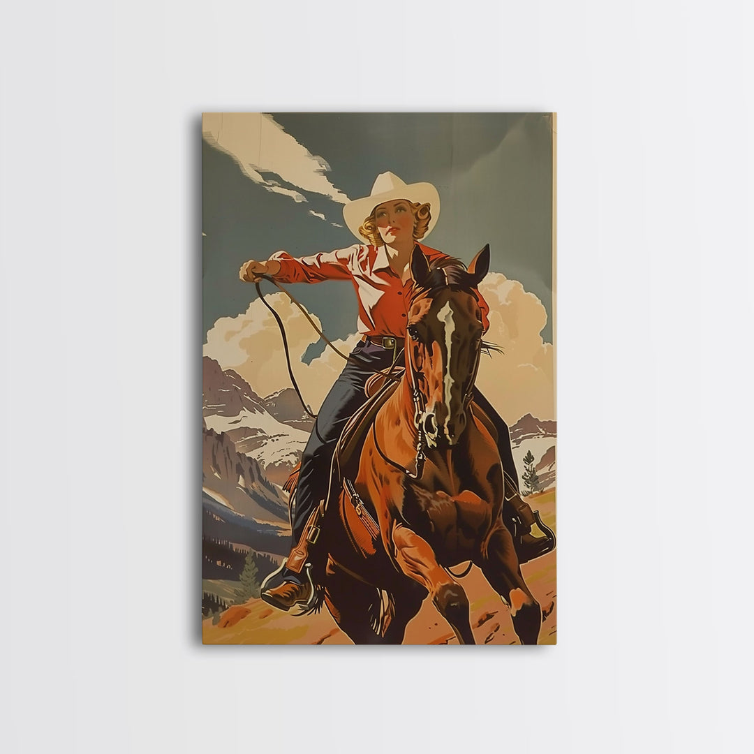 Brave Cowgirl in Mountains with Horse | Framed Canvas Print | Western Wall Art | Living Room Decor | Rustic Home Decor