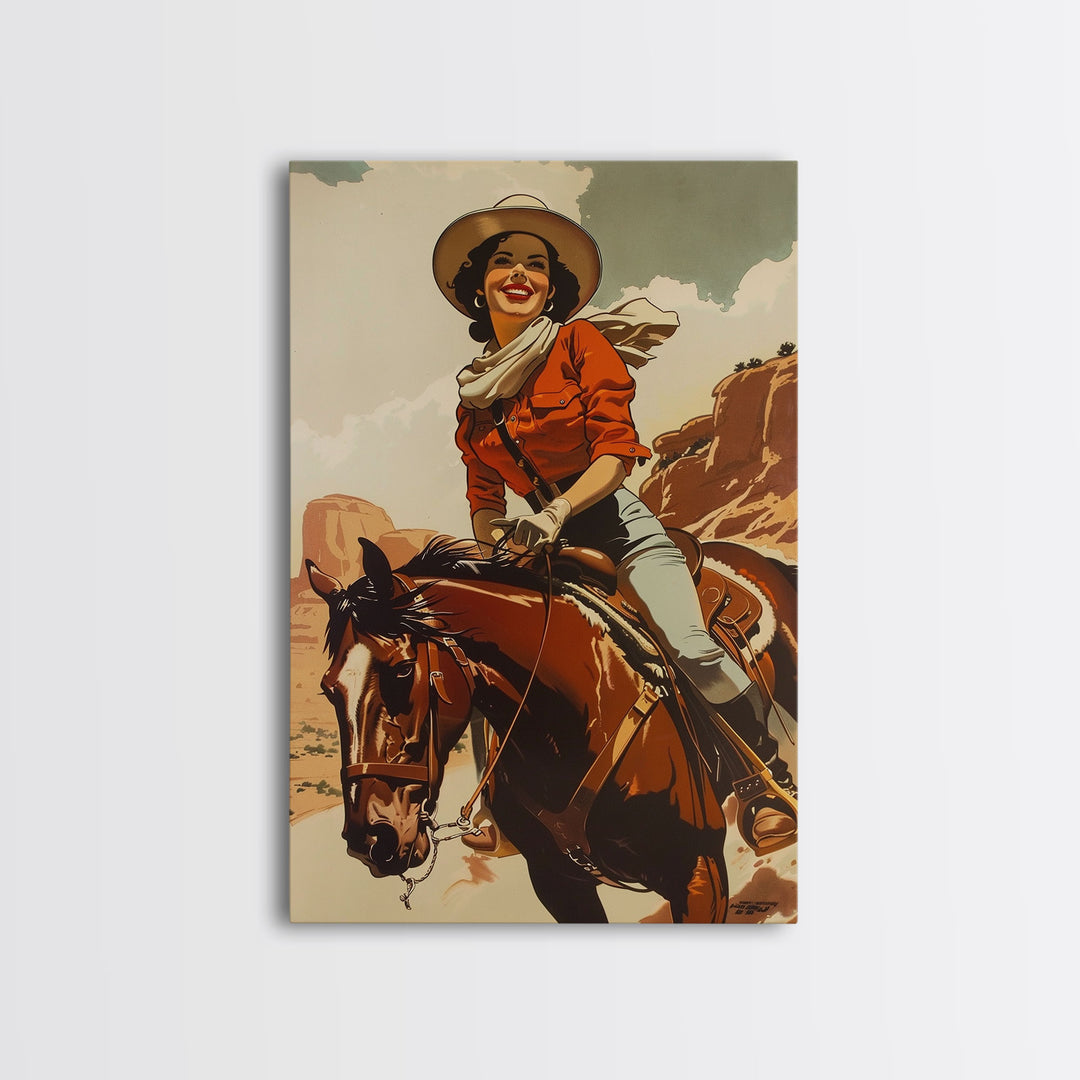 Smiling Cowgirl Riding Through Desert | Framed Canvas Print | Western Wall Art | Living Room Decor | Rustic Home Decor