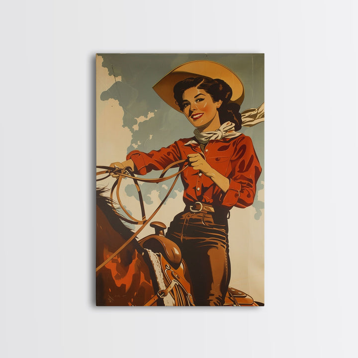 Classic Cowgirl with Red Outfit on Horse | Framed Canvas Print | Western Wall Art | Living Room Decor | Rustic Home Decor