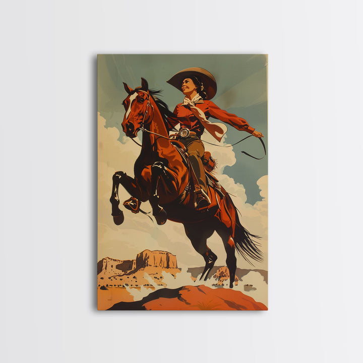 Elegant Cowgirl Commanding Horse | Framed Canvas Print | Western Wall Art | Living Room Decor | Rustic Home Decor