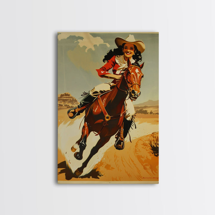 Graceful Cowgirl Jumping with Horse | Framed Canvas Print | Western Wall Art | Living Room Decor | Rustic Home Decor