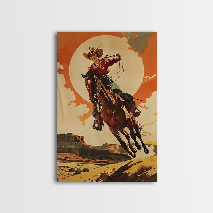 Spirited Cowgirl Racing Horse in Desert | Framed Canvas Print | Western Wall Art | Living Room Decor | Rustic Home Decor