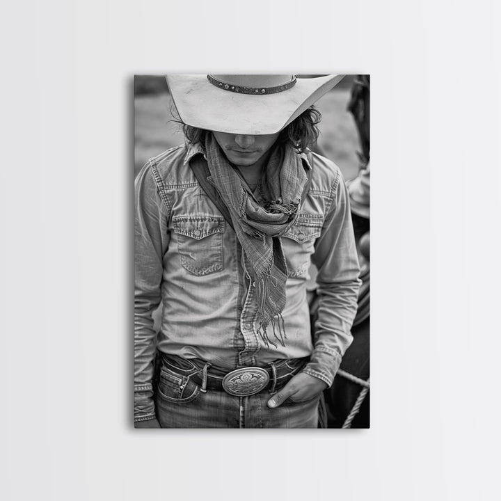 Cowboy with Hat and Scarf Looking Down in Black and White for Western Wall Art, Canvas Prints, Home Decor, Living Room Art, Bedroom Art