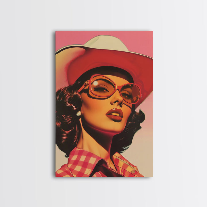 Stylish Cowgirl with Sunglasses | Framed Canvas Print | Western Wall Art | Living Room Decor | Rustic Home Decor