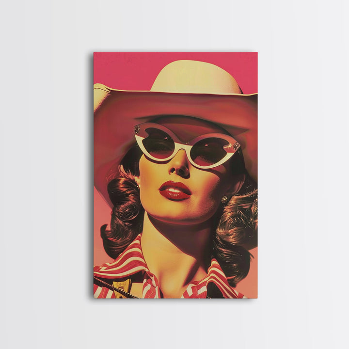 Retro Cowgirl in Sunglasses with Hat Art | Framed Canvas Print | Vintage Western Decor | Classic Cowgirl Wall Art for Home Decor