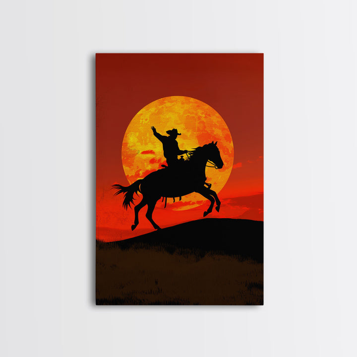 Cowboy Silhouette on Horseback at Sunset | Framed Canvas Print | Western Landscape Art | Rustic Cowboy Wall Art for Living Room