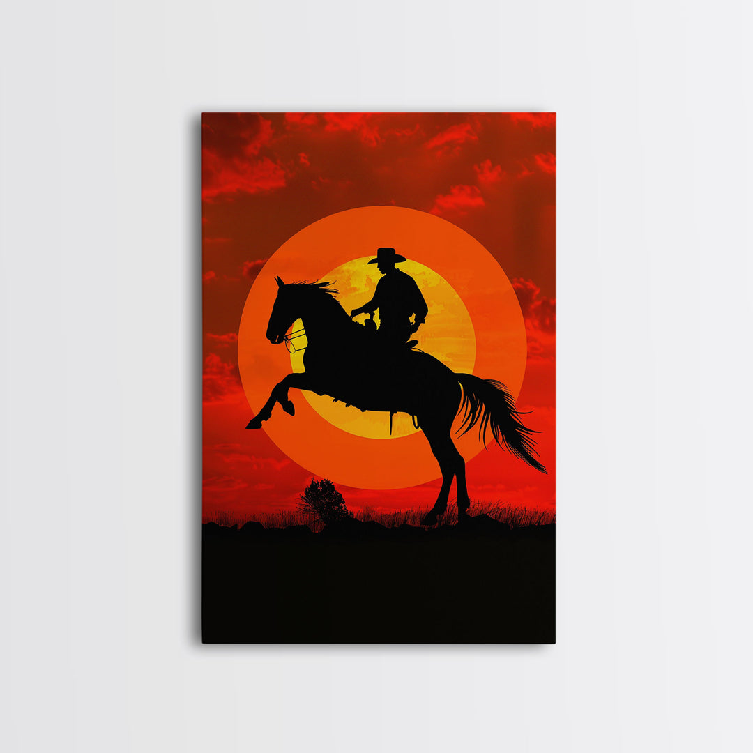 Cowboy on Horse with Dramatic Sunset Background | Framed Canvas Print | Western Silhouette Art | Sunset Cowboy Wall Art for Bedroom