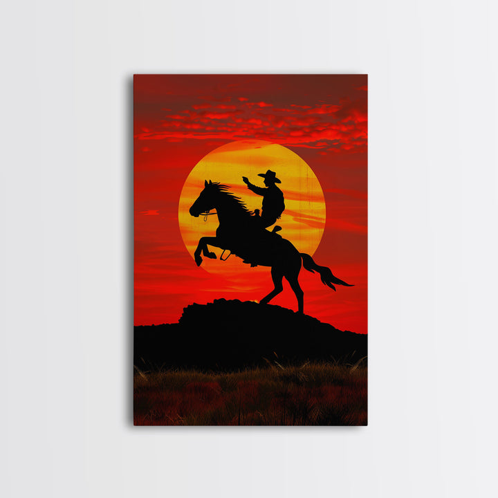 Dynamic Cowboy Horse Ride Silhouette at Sunset | Framed Canvas Print | Western Wall Art | Sunset Horseback Wall Art for Home Decor