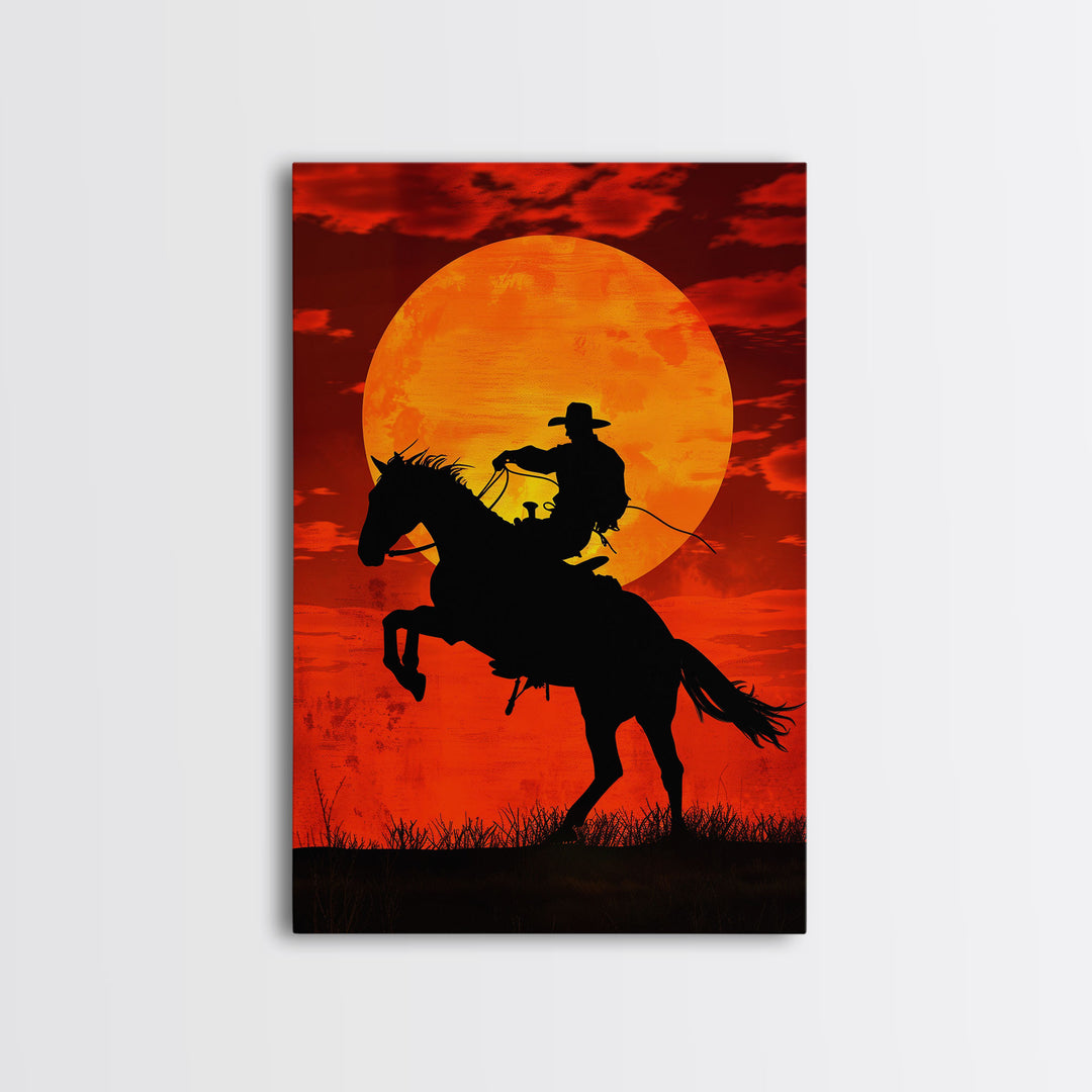 Cowboy Riding Horse into the Sunset | Framed Canvas Print | Western Silhouette Art | Rustic Cowboy Wall Art for Living Room