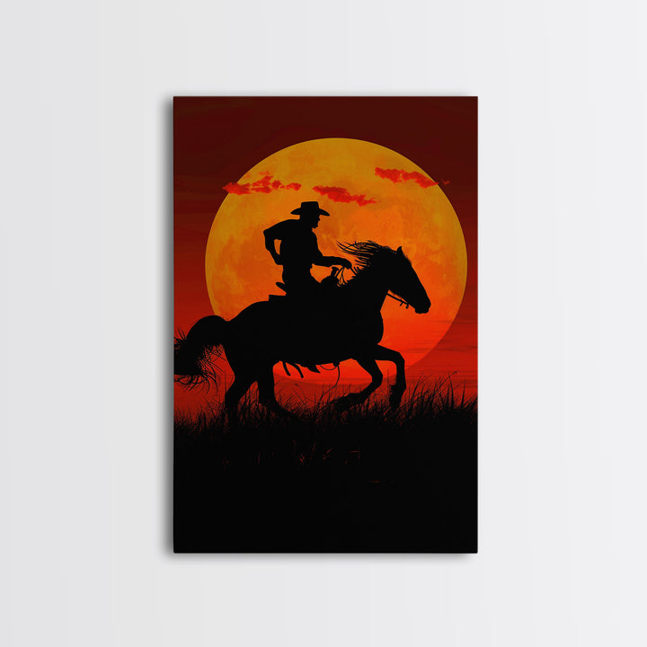 Action Cowboy Silhouette on Horse at Sunset | Framed Canvas Print | Western Wall Art | Dramatic Cowboy Wall Art for Home Decor