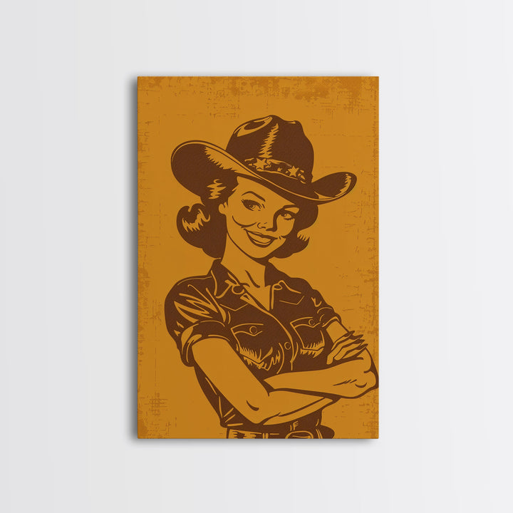 Retro Cowgirl Illustration in Yellow | Framed Canvas Print | Vintage Western Decor | Classic Cowgirl Wall Art for Living Room