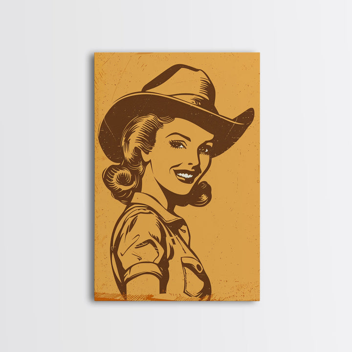 Smiling Retro Cowgirl in Hat Illustration | Framed Canvas Print | Vintage Western Art | Retro Cowgirl Wall Art for Bedroom Decor