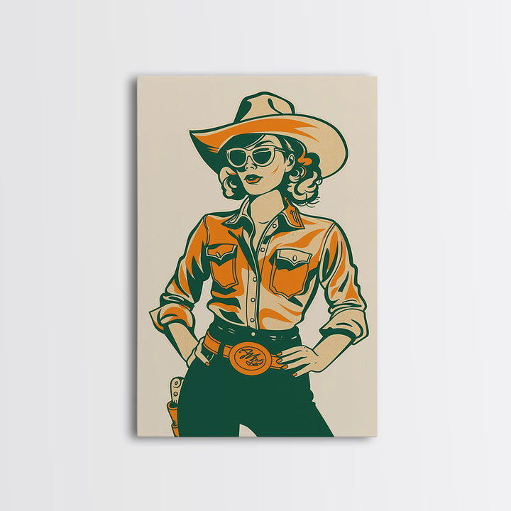 Stylish Retro Cowgirl in Sunglasses Illustration | Framed Canvas Print | Vintage Western Decor | Classic Cowgirl Wall Art for Home