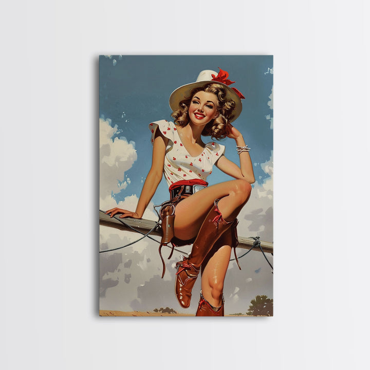 Classic Cowgirl Pin-Up Art Print, Vintage Western Framed Canvas, Retro Pin-Up Girl in Cowboy Hat and Boots, Unique Home Decor