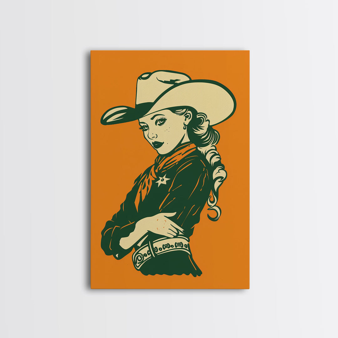 Elegant Retro Cowgirl with Hat Illustration | Framed Canvas Print | Vintage Western Art | Stylish Cowgirl Wall Art for Living Room