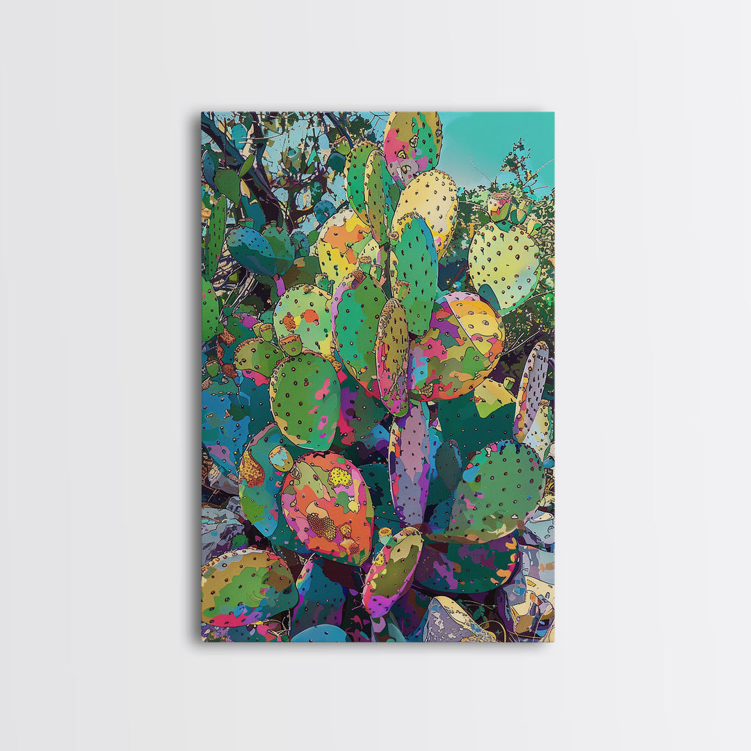 Vibrant Prickly Pear Cactus in Abstract Style - Framed Canvas Print, Colorful Desert Decor, Living Room Art, Cactus Wall Art for Home