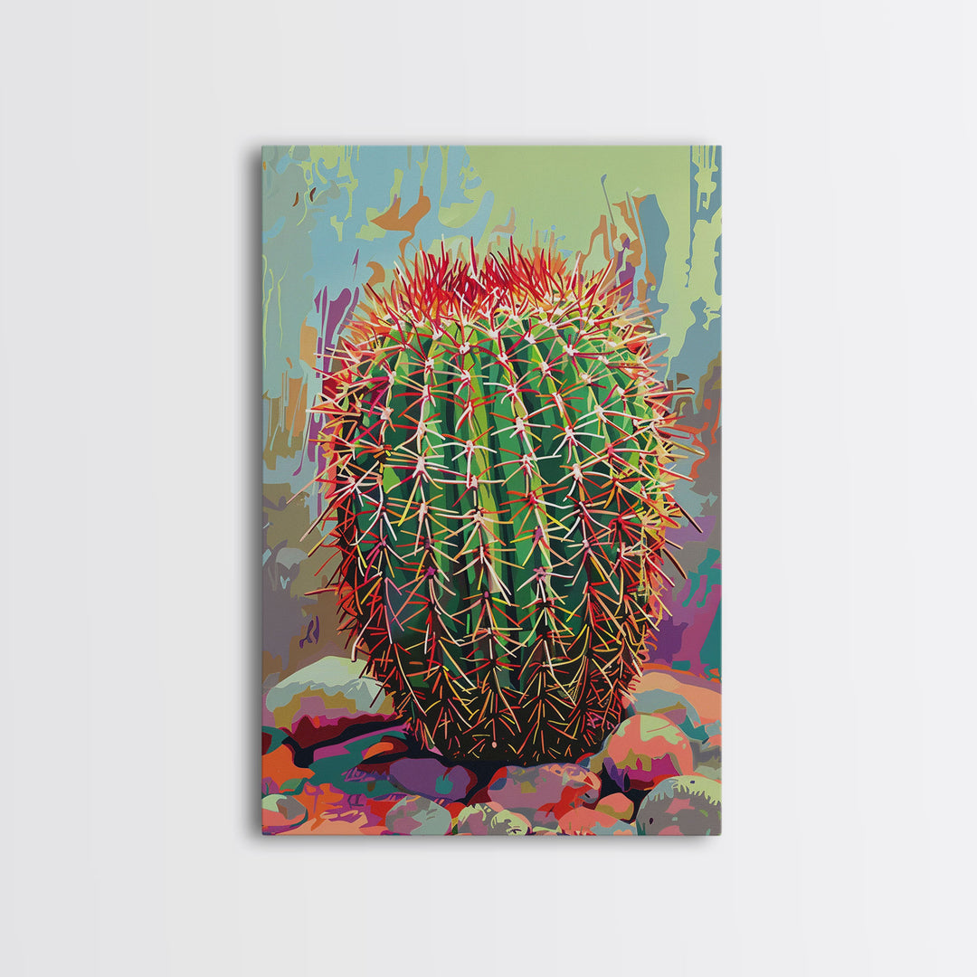 Bold Barrel Cactus Art with Red Spines - Framed Canvas Print, Vibrant Desert Decor, Living Room Art, Cactus Wall Art for Home