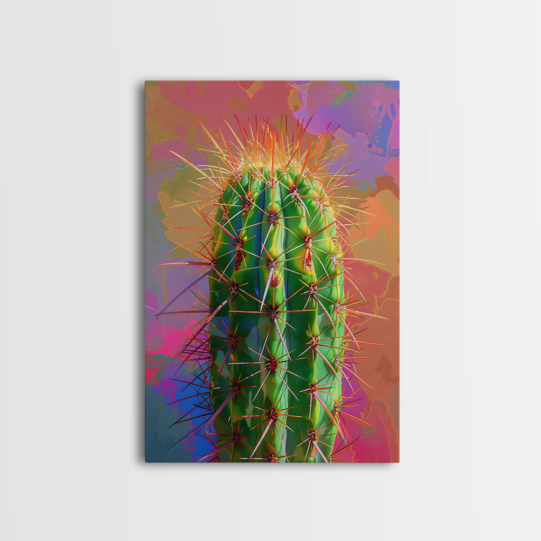 Green Cactus with Orange Spines on Colorful Background - Framed Canvas Print, Bright Desert Decor, Bedroom Art, Cactus Wall Art