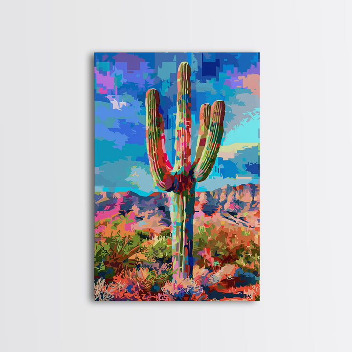 Majestic Saguaro Cactus in Colorful Desert Landscape - Framed Canvas Print, Vibrant Southwest Decor, Living Room Art, Cactus Wall Art