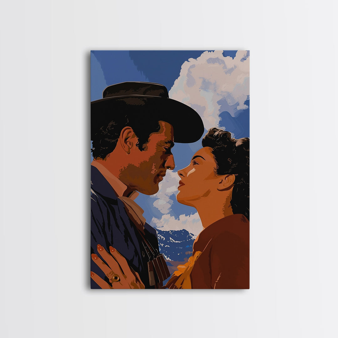 Romantic Cowboy Couple in Western Landscape - Framed Canvas Print, Vintage Western Decor, Bedroom Art, Romantic Wall Art for Home