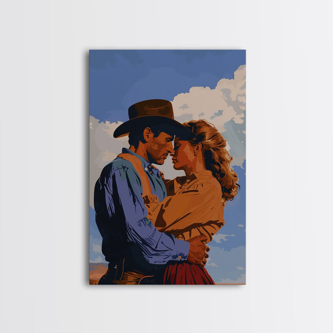 Classic Western Love Scene Under Blue Sky - Framed Canvas Print, Rustic Cowboy Decor, Living Room Art, Romantic Wall Art for Home