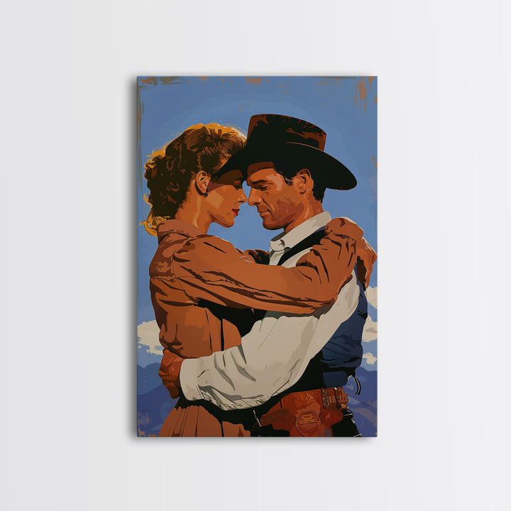 Intimate Western Couple Embracing - Framed Canvas Print, Vintage Western Decor, Bedroom Art, Romantic Wall Art for Home