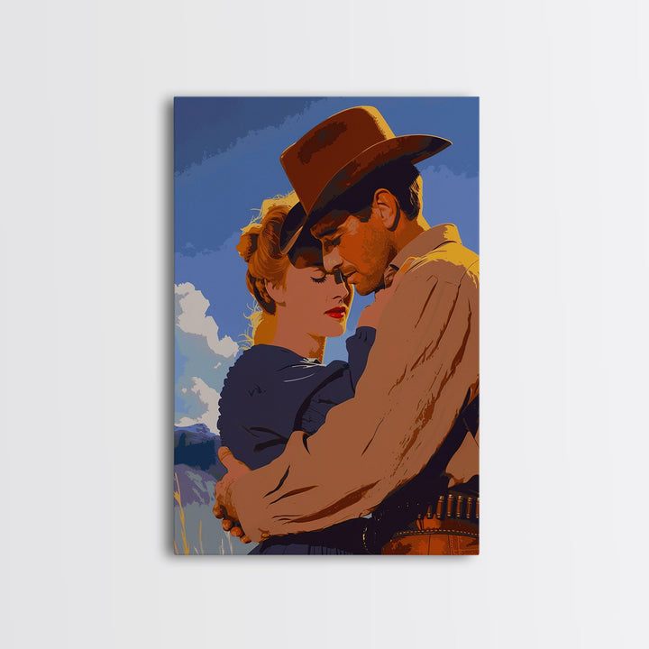 Romantic Cowboy and Cowgirl in Classic Western Art - Framed Canvas Print, Vintage Western Decor, Living Room Art, Romantic Wall Art