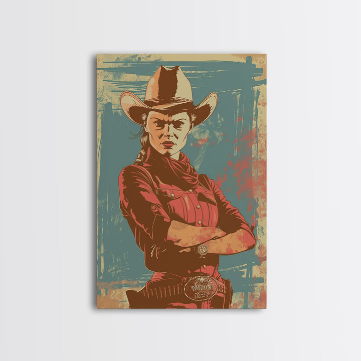 Fierce Cowgirl in Red Framed Canvas Print - Rustic Western Decor, Vintage Wall Art for Living Room, Bedroom Artwork