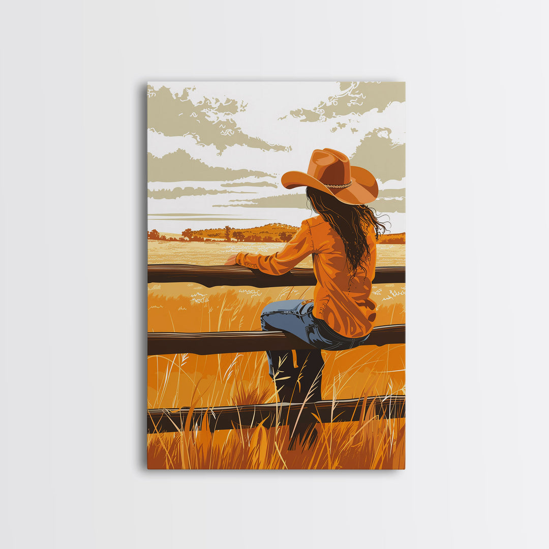 Contemplative Cowgirl on Fence Framed Canvas Print - Serene Western Decor, Country Wall Art for Living Room, Bedroom Artwork