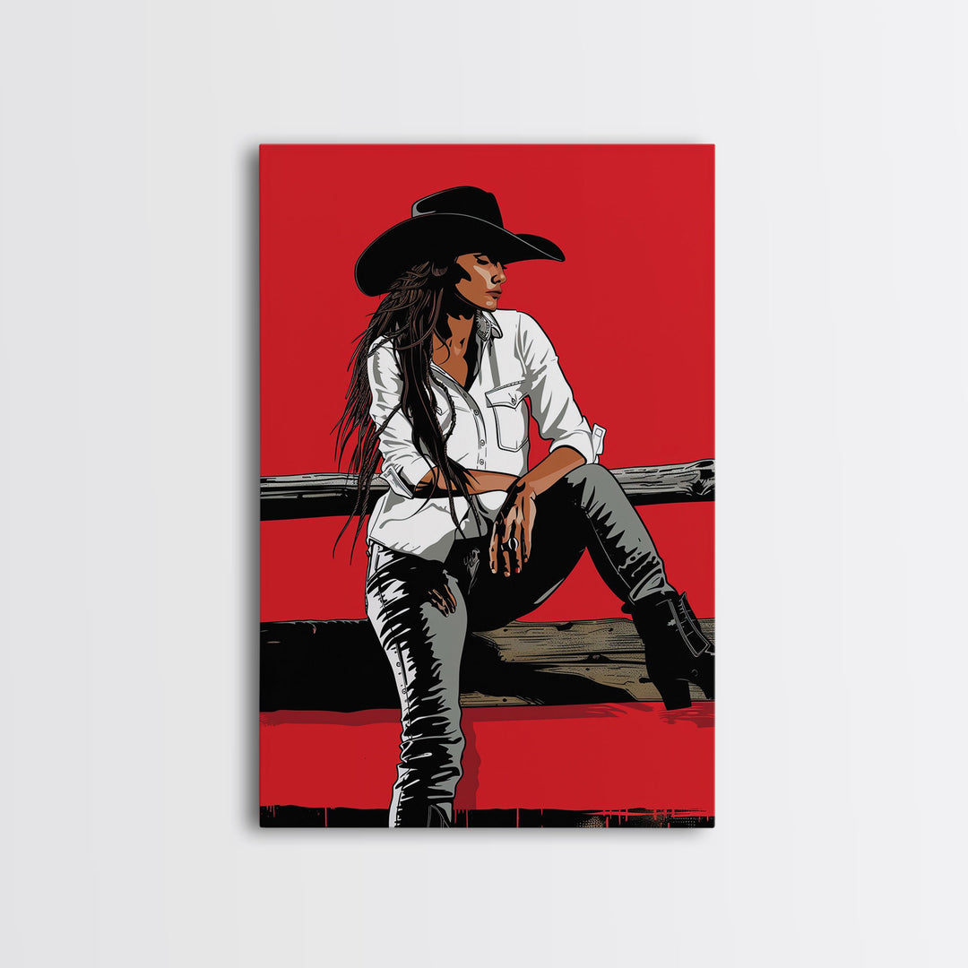 Pensive Cowgirl with Red Background Framed Canvas Print - Dramatic Western Decor, Stylish Wall Art for Living Room, Bedroom