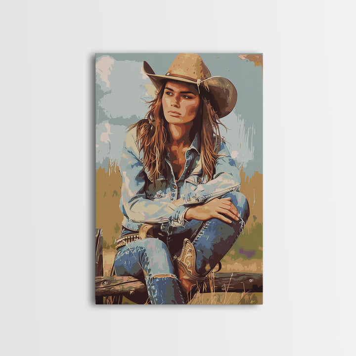 Thoughtful Cowgirl in Denim Framed Canvas Print - Rustic Western Decor, Vintage Wall Art for Living Room, Bedroom Artwork