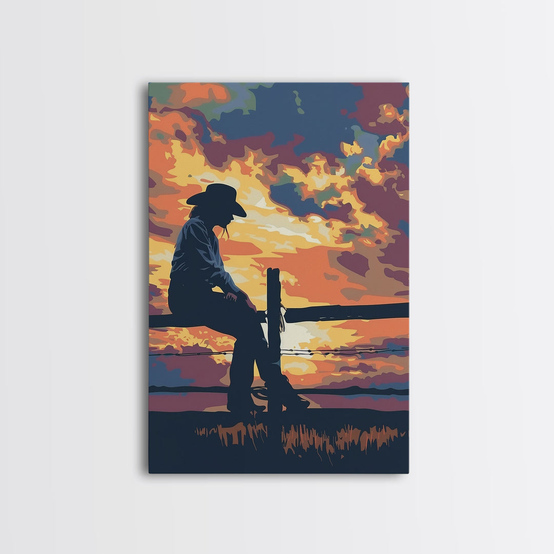 Silhouette of Cowboy at Sunset Framed Canvas Print - Vibrant Western Decor, Stunning Wall Art for Living Room, Bedroom