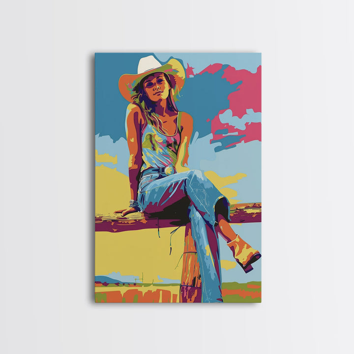 Colorful Cowgirl Portrait Framed Canvas Print - Bright Western Decor, Pop Art Wall Art for Living Room, Bedroom