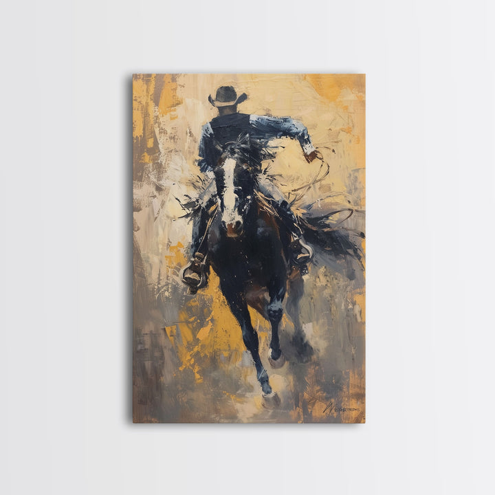 Intense Cowboy Riding Fast Framed Canvas Print - High-Energy Western Decor, Exciting Wall Art for Living Room, Bedroom