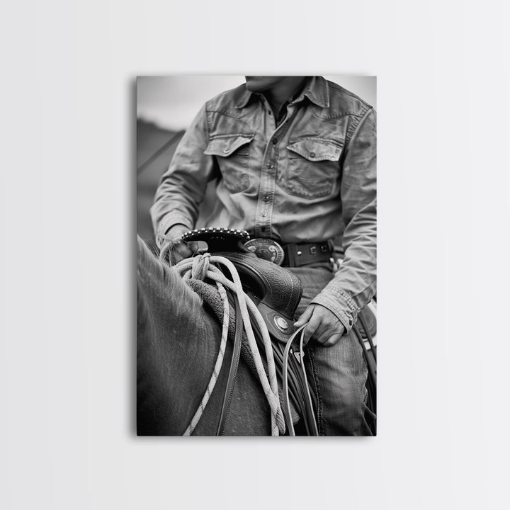 Close-up of cowboy hands holding reins, detailed Western art, black and white photography, Framed Canvas Print, rustic home decor, wall art