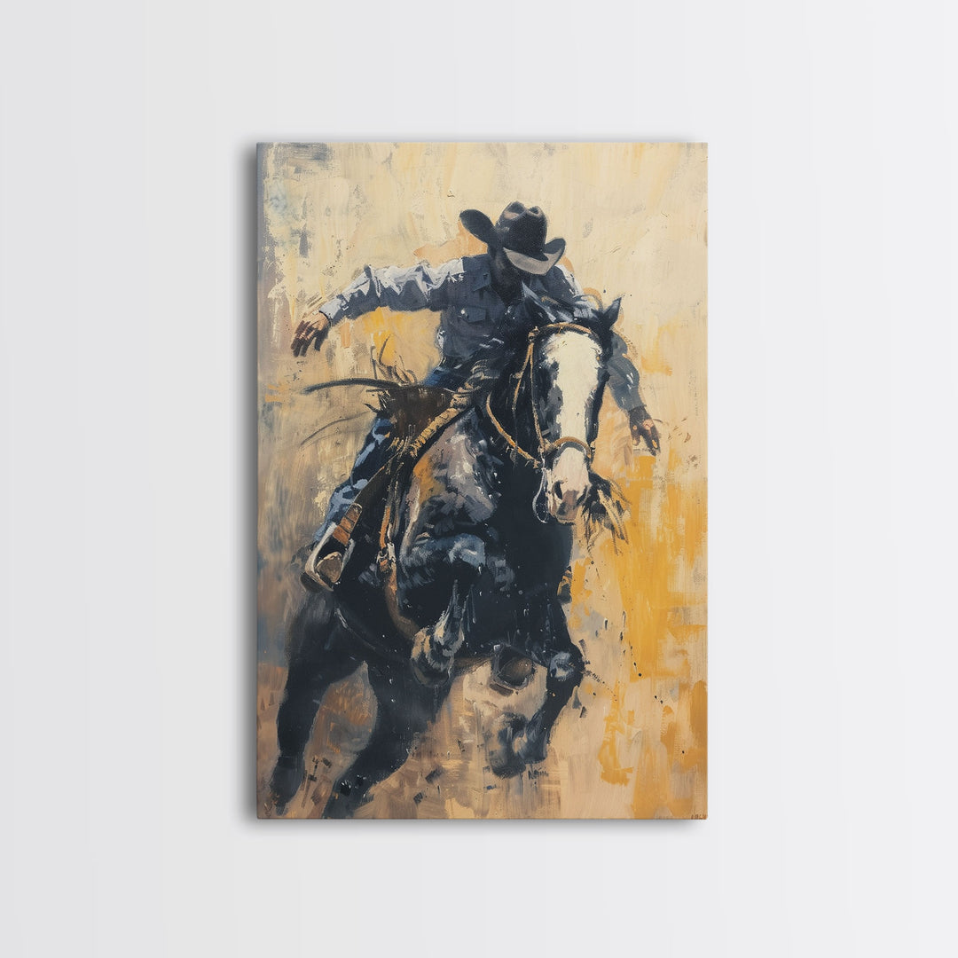 Action-Packed Cowboy on Horseback - Framed Canvas Print, Western Wall Art, Rustic Decor, Living Room and Bedroom Art Print