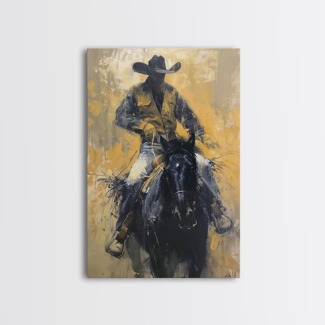 Cowboy in Full Gear Riding Horse - Framed Canvas Print, Western Wall Art, Rustic Decor, Living Room and Bedroom Art Print