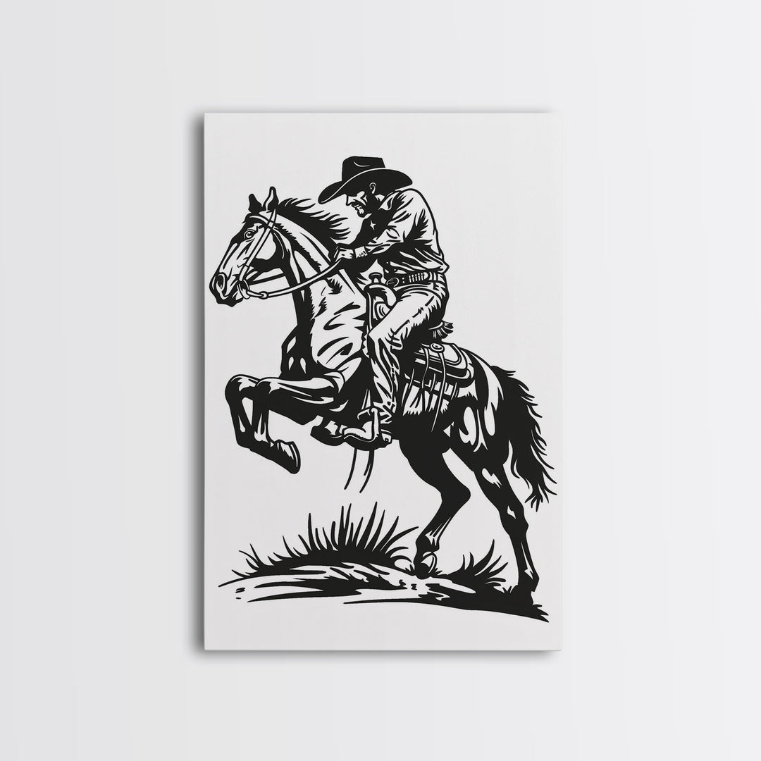 Cowboy Riding Horse with Reins - Framed Canvas Print, Western Wall Art, Rustic Decor, Living Room and Bedroom Art Print