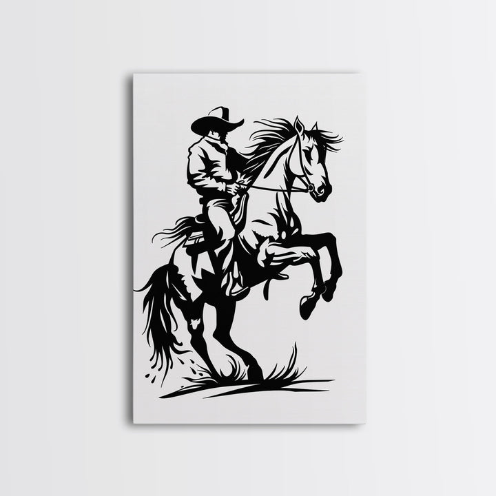 Dynamic Cowboy on Rearing Horse - Framed Canvas Print, Western Wall Art, Rustic Decor, Living Room and Bedroom Art Print