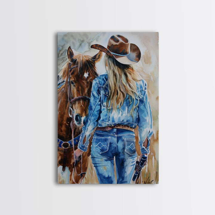 Intense Cowboy and Horse Silhouette - Framed Canvas Print, Western Wall Art, Rustic Decor, Living Room and Bedroom Art Print