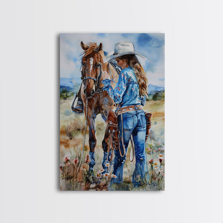 Cowboy on Rearing Horse Silhouette - Framed Canvas Print, Western Wall Art, Rustic Decor, Living Room and Bedroom Art Print