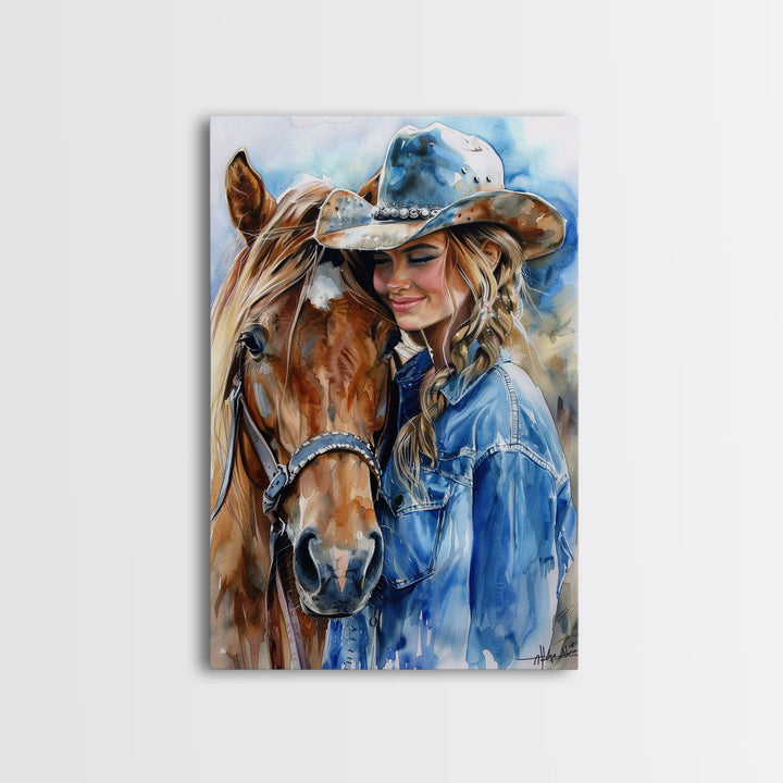 Cowgirl with Horse in Denim Outfit - Framed Canvas Print, Western Wall Art, Rustic Decor, Living Room and Bedroom Art Print