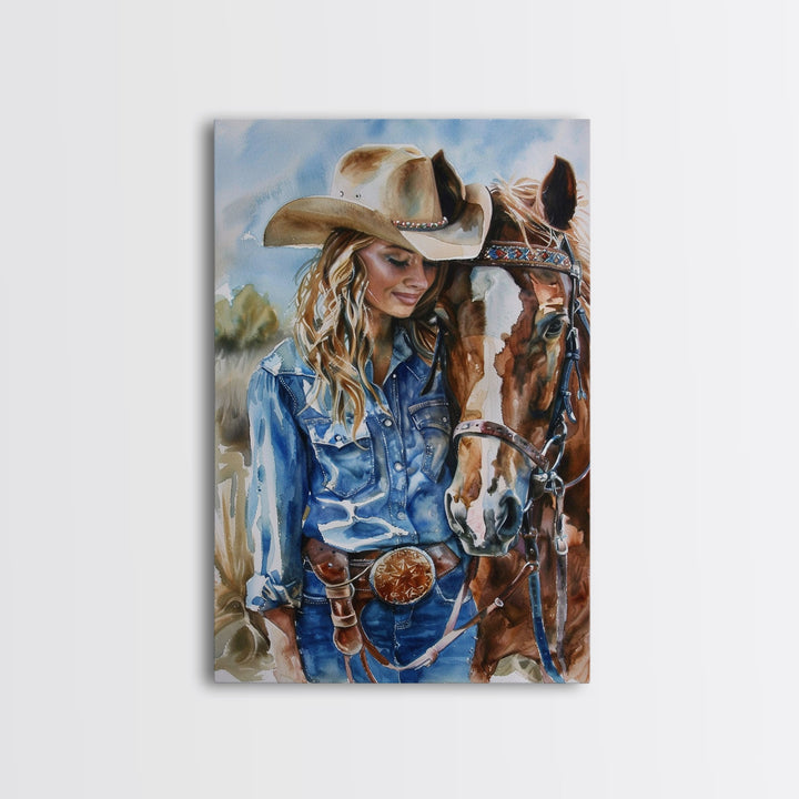 Cowgirl Preparing Horse for Ride - Framed Canvas Print, Western Wall Art, Rustic Decor, Living Room and Bedroom Art Print