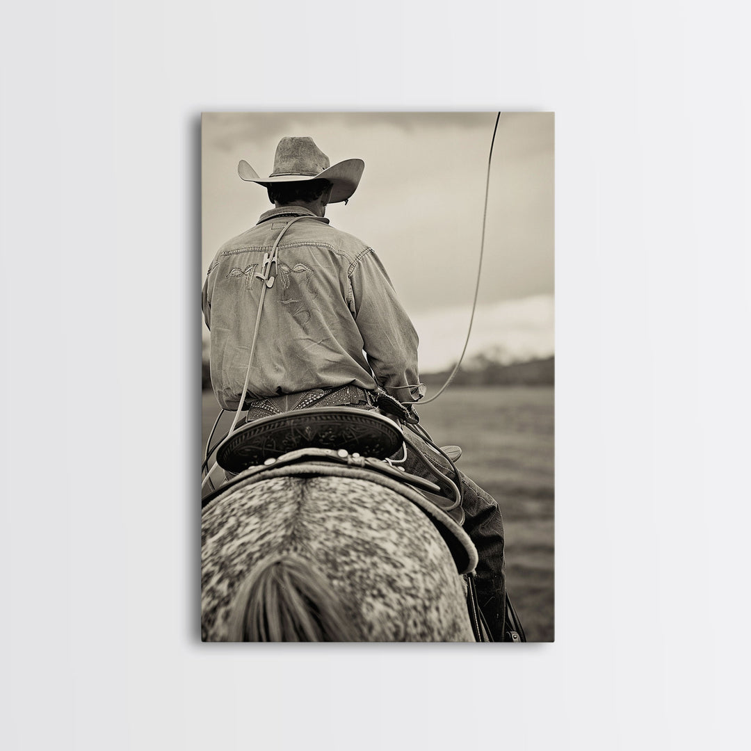 Cowboy on horseback with lasso, vintage black and white Western art, Framed Canvas Print, home decor, rustic wall art for living room