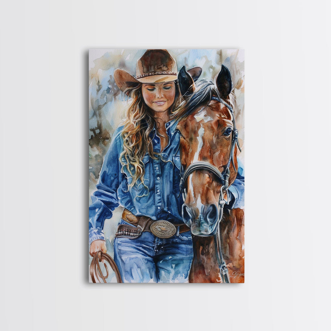 Cowgirl Embracing Horse with Hat - Framed Canvas Print, Western Wall Art, Rustic Decor, Living Room and Bedroom Art Print